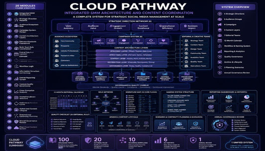 A dark navy and black infographic poster titled 'CLOUD PATHWAY' with extensive technical architecture diagrams, system modules, and performance metrics in shades of blue, purple, and white.