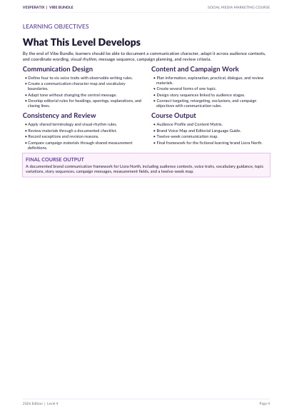A page from a course syllabus or textbook titled 'What Level This Develops' for a communication/marketing course, with text sections on learning objectives, course output, and final course output on a white background.