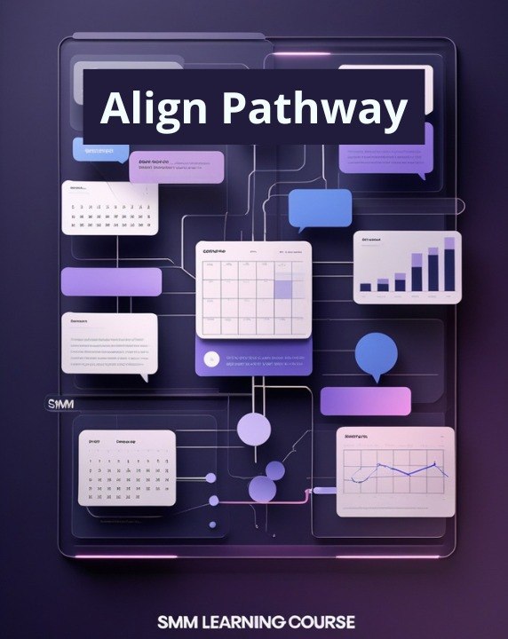 Digital cover graphic for an 'Align Pathway' SMM Learning Course, featuring a stylized 3D interface of a dark purple tablet displaying various social media analytics charts, calendars, and text bubbles in shades of purple, blue, and white.