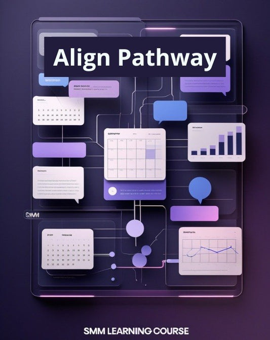 Digital cover graphic for an 'Align Pathway' SMM Learning Course, featuring a stylized 3D interface of a dark purple tablet displaying various social media analytics charts, calendars, and text bubbles in shades of purple, blue, and white.