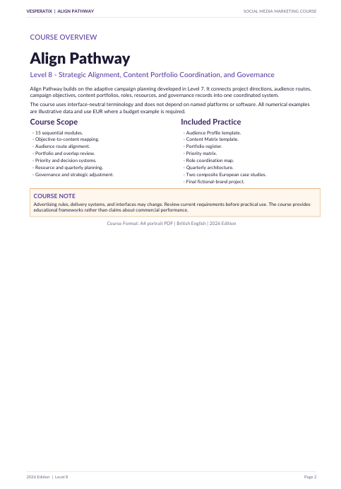 A single-page document cover titled 'Align Pathway' from Venkoma / Algon Pathway, showing course overview text, included practice topics, and a course note on a white page.