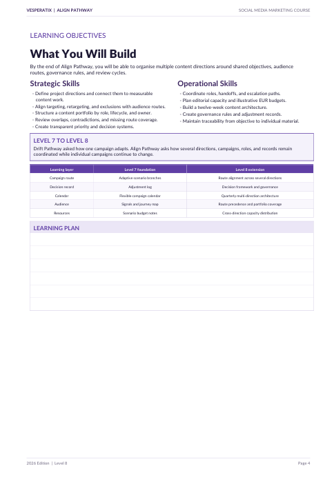 A digital document page outlining the learning objectives and skills for an Algy Pathway social media marketing course, featuring text sections and a skills matrix table.