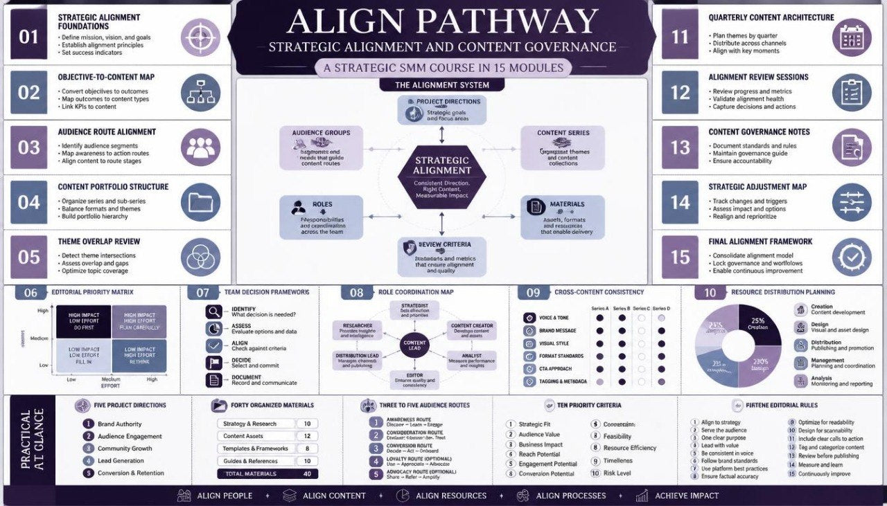 A digital infographic poster titled 'ALIGN PATHWAY: Strategic Alignment and Content Governance' with a structured flowchart, numbered steps, icons, and diagrams in shades of purple, blue, and white.