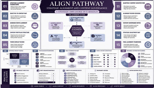 A digital infographic poster titled 'ALIGN PATHWAY: Strategic Alignment and Content Governance' with a structured flowchart, numbered steps, icons, and diagrams in shades of purple, blue, and white.