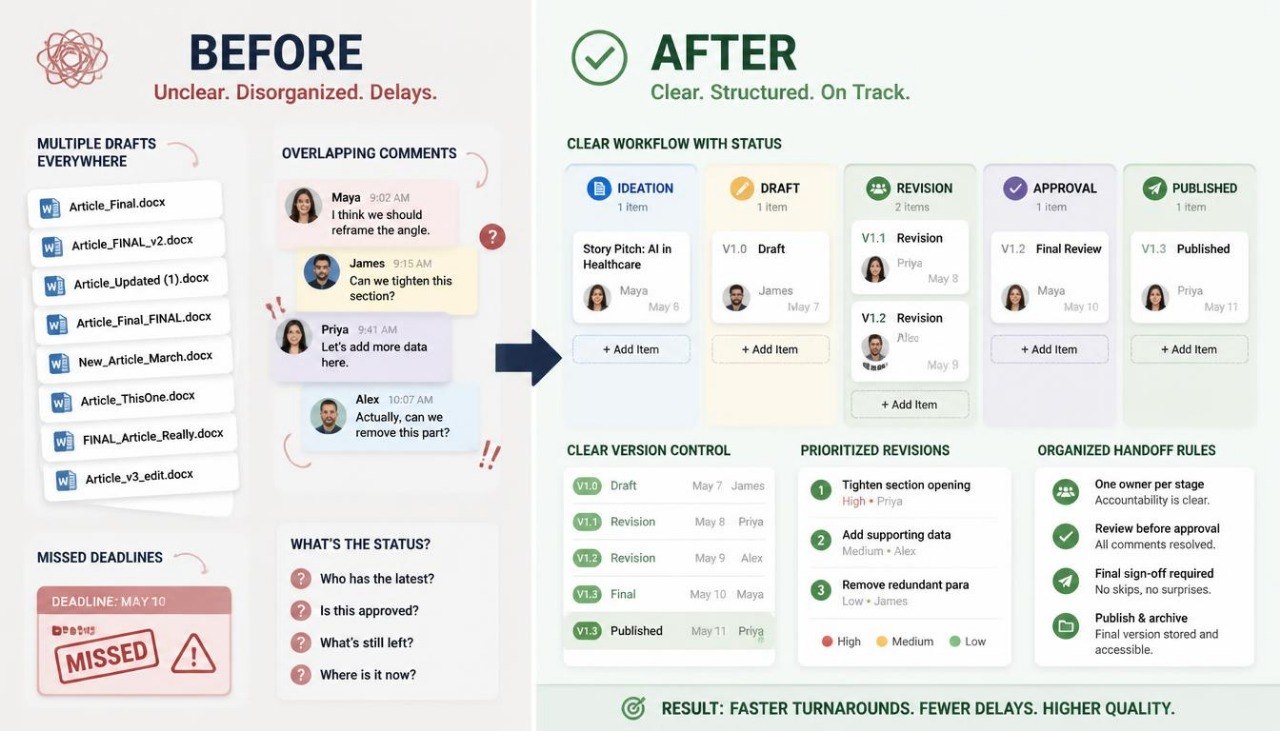 A side-by-side comparison graphic labeled BEFORE and AFTER, showing a project workflow comparison. The left side, titled BEFORE, depicts a disorganized, messy workflow with multiple drafts, overlapping comments, missed deadlines, and unclear status updates.