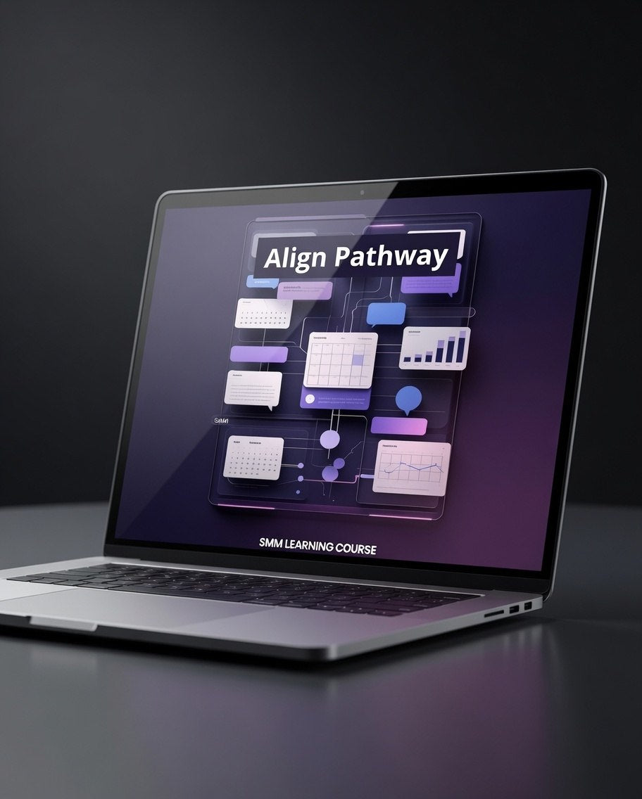 A silver laptop on a dark surface displaying a digital course interface titled 'Align Pathway' with 'SIM Learning Course' text on the screen.