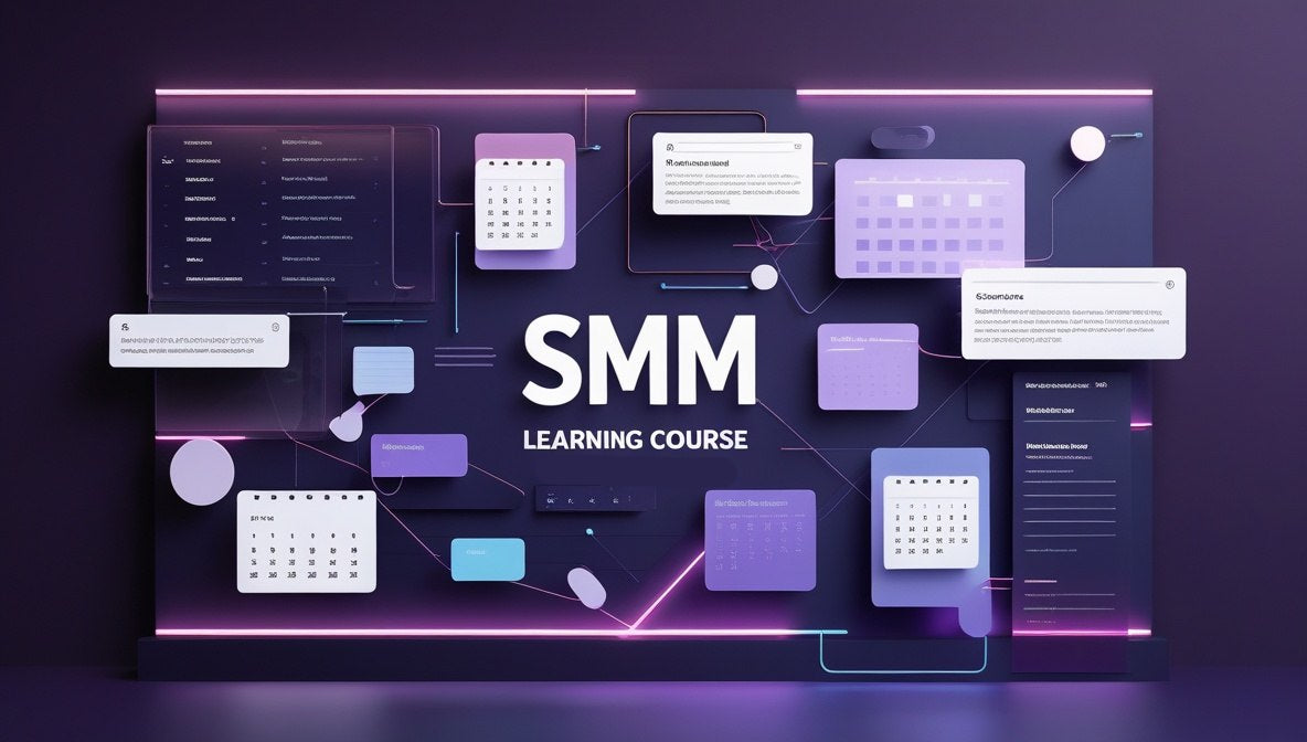 Digital promotional graphic for an SMM learning course, featuring a dark purple and black background with glowing neon purple lines and multiple floating interface panels in shades of purple, lavender, and white. Large centered text reads 'SMM LEARNING COURSE' with smaller text below.