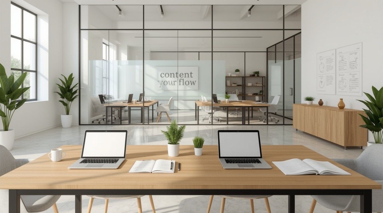 A modern, bright office space with a wooden desk in the foreground holding two open laptops, notebooks, and small potted plants. Behind the desk is a glass partition wall with the words 'content your flow' visible, leading to more workstations.