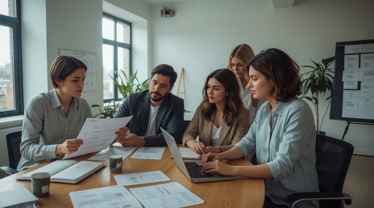 A group of five business professionals collaborating around a wooden conference table in a bright office, reviewing documents, laptops, and papers.