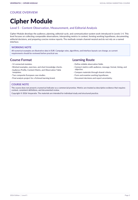 A single-page course overview document titled 'Cipher Module' from a social media marketing course, showing course overview text, a learning route outline, a working note, and a course note in a clean black-and-white layout.
