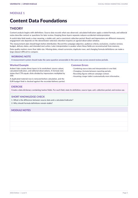 A single-page digital preview of a document titled 'Content Data Foundations' from a Verbum/Opener Module social media marketing course, featuring text and a light blue highlighted table.