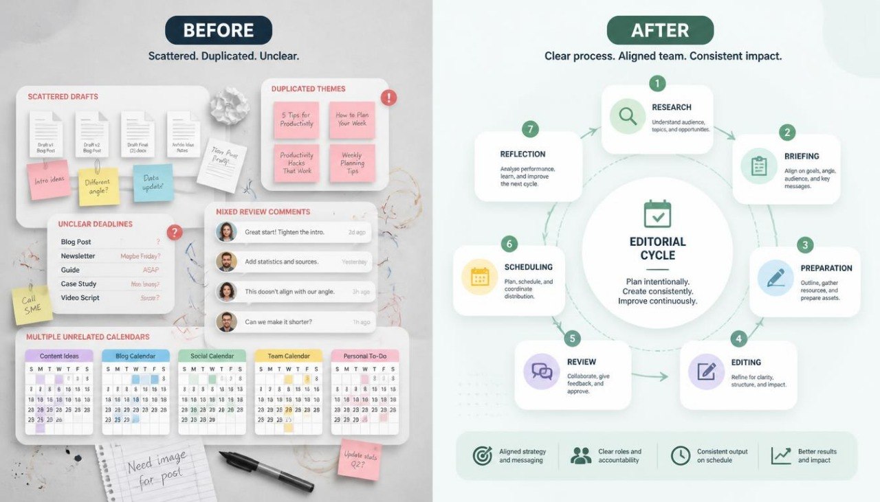 A before-and-after infographic comparing a disorganized editorial workflow on the left with a streamlined, aligned process on the right. The left side is labeled 'BEFORE' and shows scattered drafts, duplicated ideas, unclear tasks, and messy sticky notes.