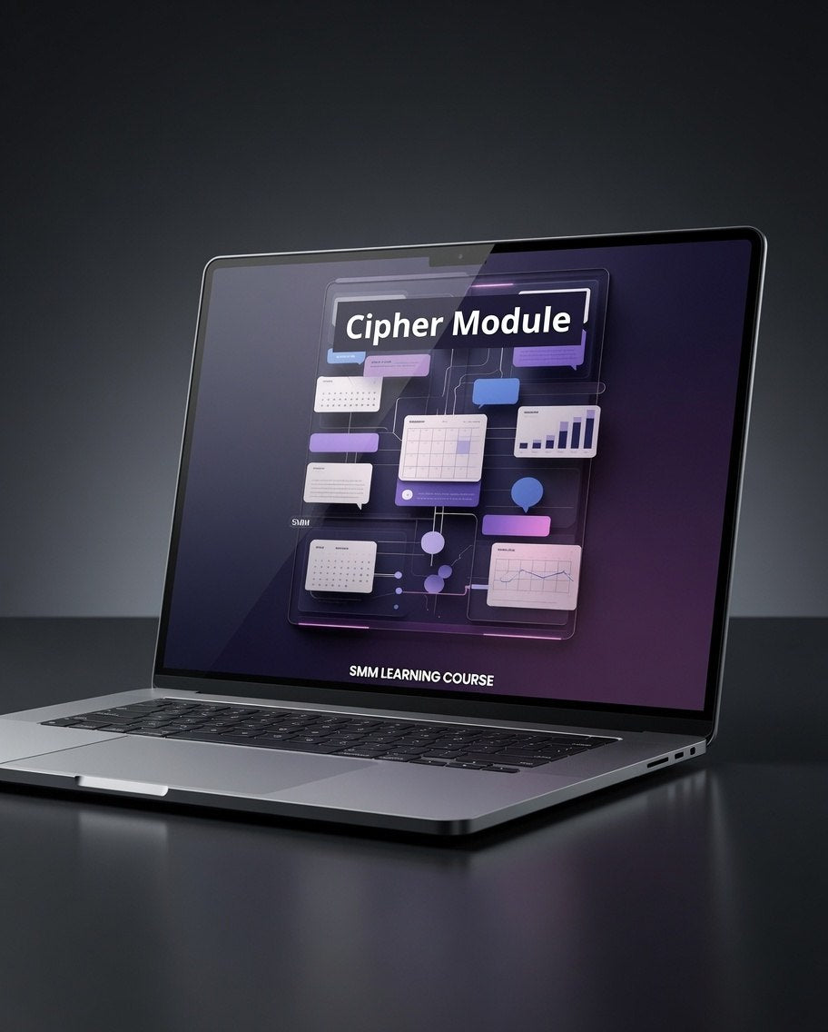A silver laptop on a dark reflective surface, displaying a digital course interface titled 'Cipher Module' on its screen.