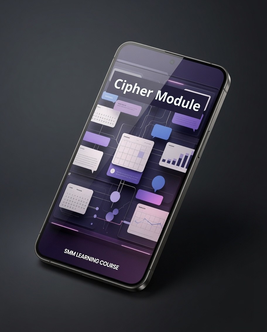 A smartphone shown at an angle on a dark studio background, displaying a course interface titled "Cipher Module" with purple and blue graphic panels and the text "SMJ LEARNING COURSE" near the bottom.