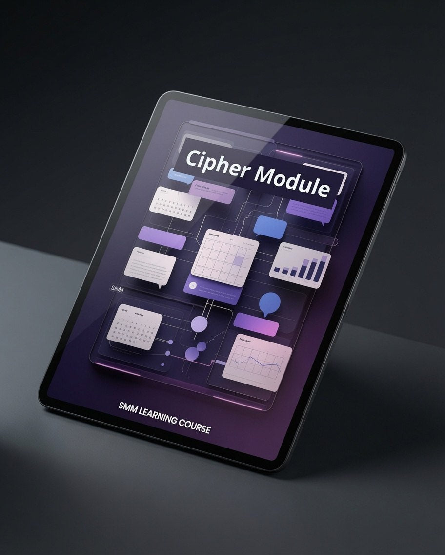 A tablet device shown at an angle on a dark studio background, displaying a course interface titled "Cipher Module" with purple, blue, and white graphic panels.