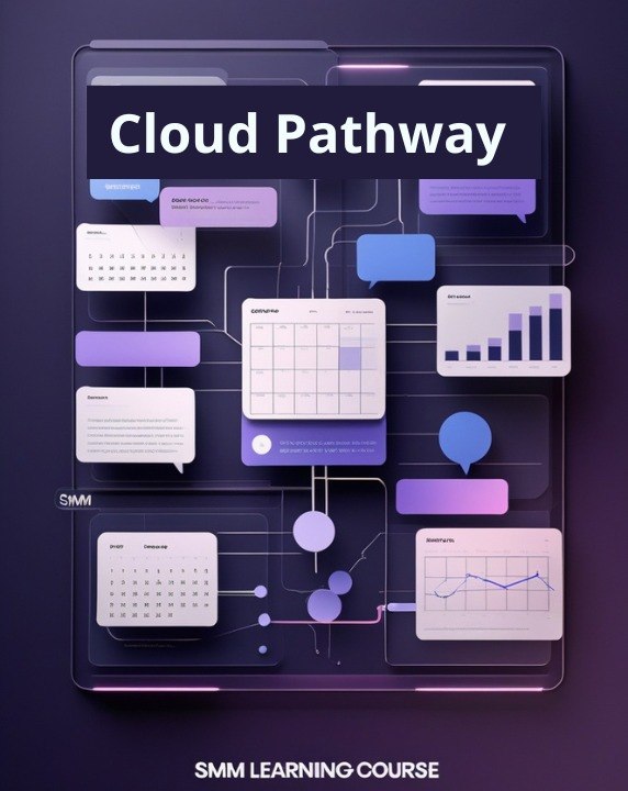 Digital cover graphic for an 'SMM Learning Course' titled 'Cloud Pathway', featuring a stylized 3D interface mockup with charts, graphs, calendar elements, and text bubbles in shades of purple, blue, and white on a dark background.