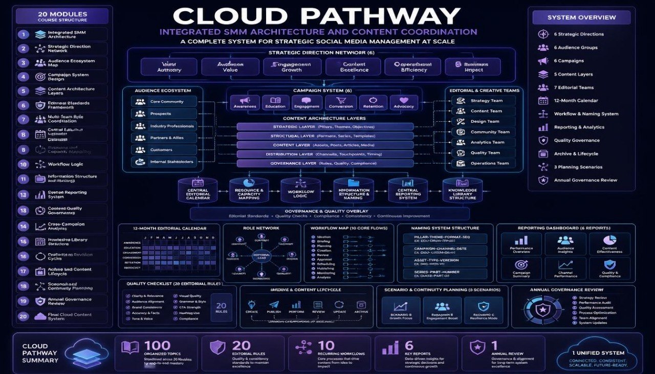 A dark navy and black infographic poster titled 'CLOUD PATHWAY' with extensive technical architecture diagrams, system modules, and performance metrics in shades of blue, purple, and white.