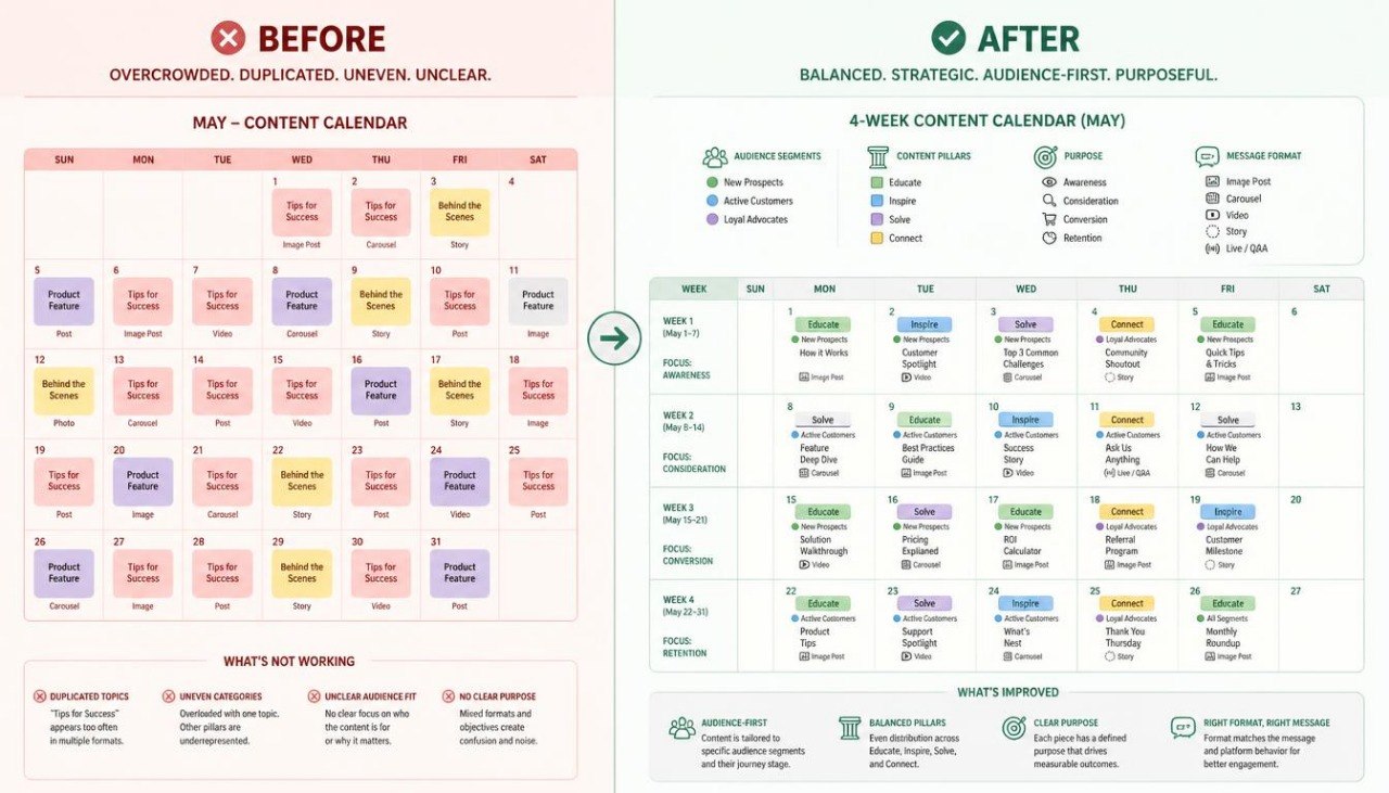 A side-by-side comparison graphic labeled BEFORE and AFTER, showing two monthly content calendars for May. The left calendar has multiple pastel-colored boxes and notes like 'overcrowded, duplicated, uneven, unclear.