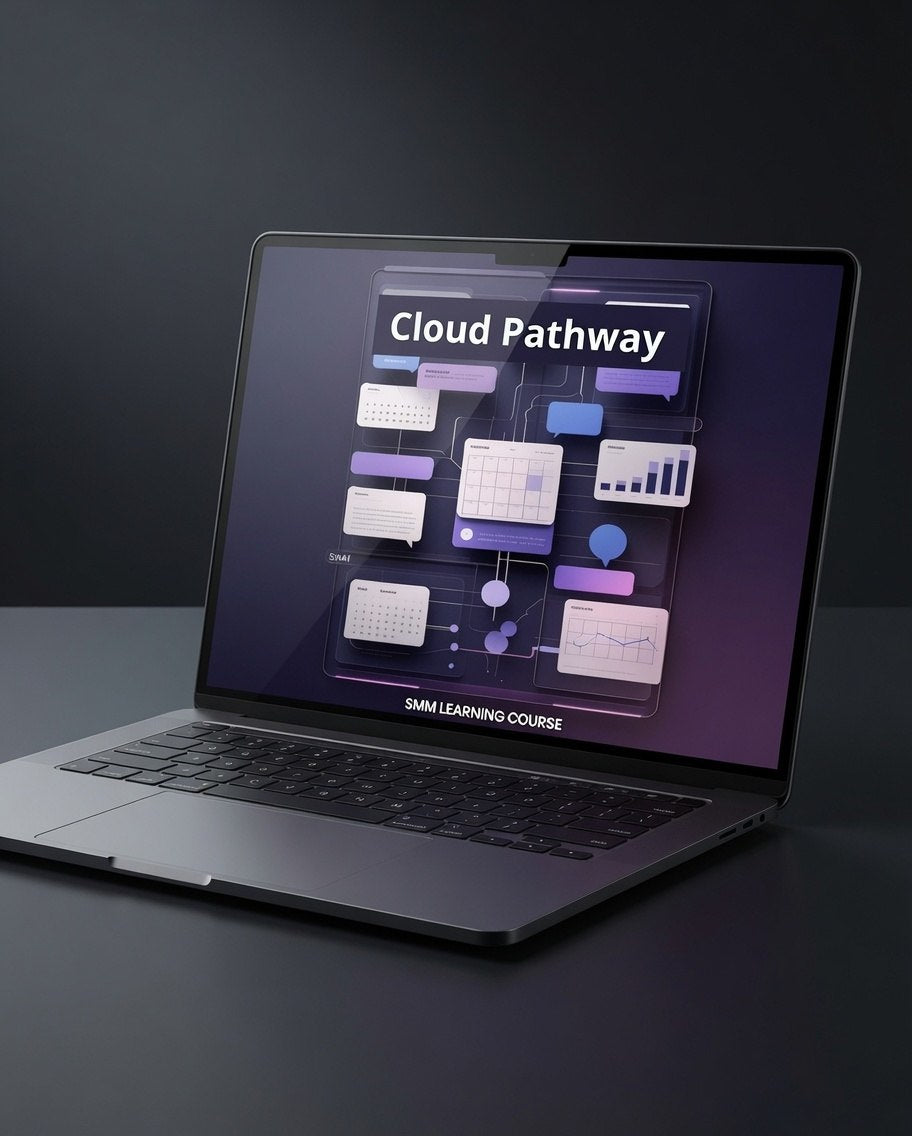 A dark gray laptop on a black surface with a dark gray background, displaying a digital course interface titled 'Cloud Pathway' on its screen.