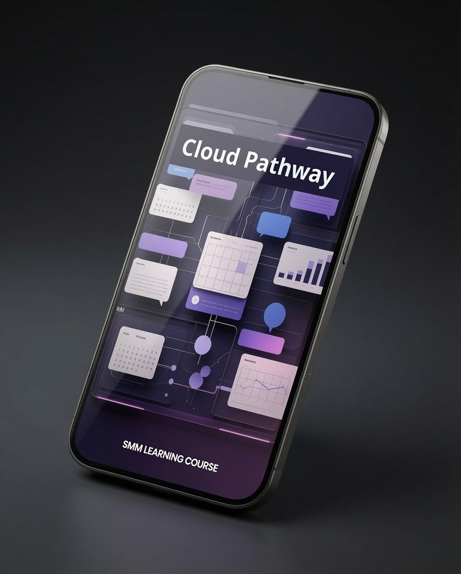 A smartphone shown at an angle on a dark studio background, displaying a course interface titled "Cloud Pathway" with purple and blue graphic panels and the text "SMALL LEARNING COURSE" near the bottom.