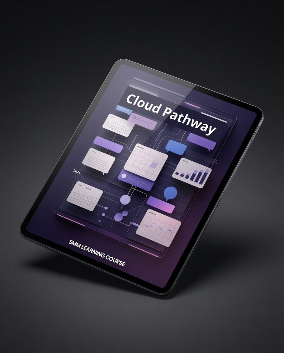 A tablet device shown at an angle on a dark studio background, displaying a course cover titled 'Cloud Pathway' with purple and blue interface graphics and the text 'SMM LEARNING COURSE' near the bottom.