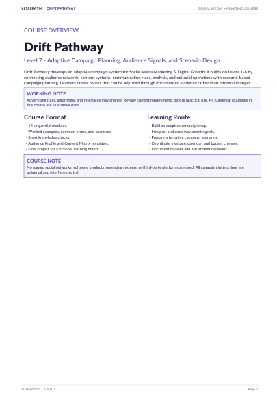 A document page titled 'Course Overview: Drift Pathway' with text and two highlighted boxes on a white background, likely a syllabus or course overview sheet.