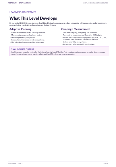 A digital preview page of an educational module or textbook titled 'What Level Develops' from the brand VeredPathway. The page features black text outlining learning objectives under headings like 'Adaptive Planning' and 'Campaign Measurement' on a white background.