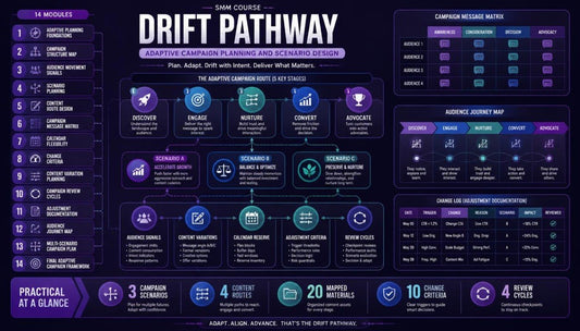 A dark infographic-style course diagram titled 'DRIFT PATHWAY' with purple, blue, and white text and icons, outlining modules, campaign elements, and metrics for a digital course.