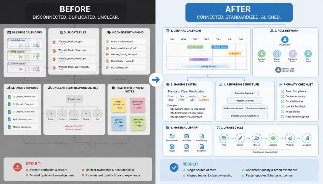 A before-and-after process comparison infographic for project management or workflow optimization. The left panel, labeled 'BEFORE' in dark gray, shows disorganized, duplicated, and unclear processes with various labeled boxes and a red 'RESULT' section.