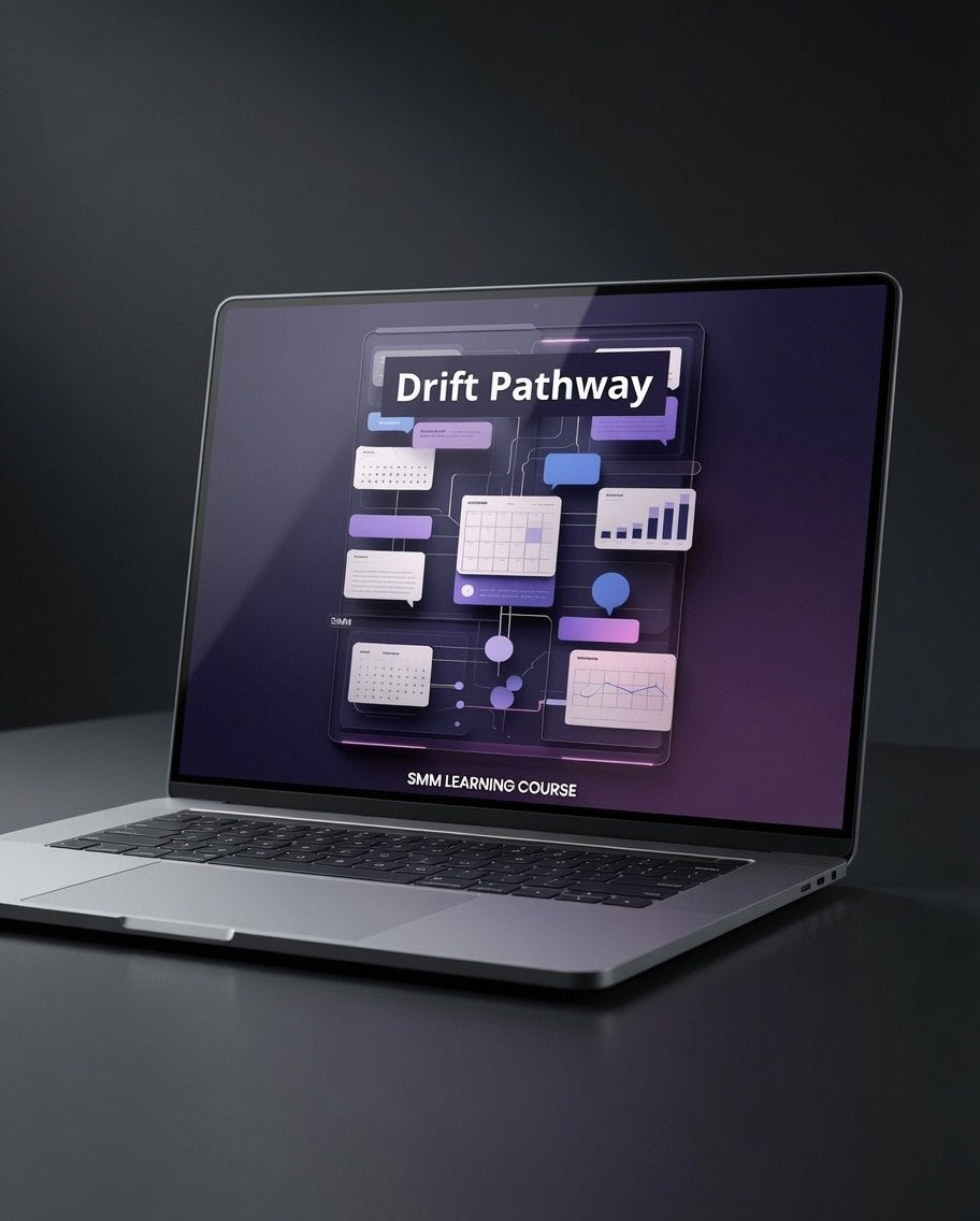 A silver laptop open on a dark surface, displaying a course graphic titled "Drift Pathway" with purple and white interface panels. The laptop appears to be a mockup or promotional render rather than a straightforward product listing photo.