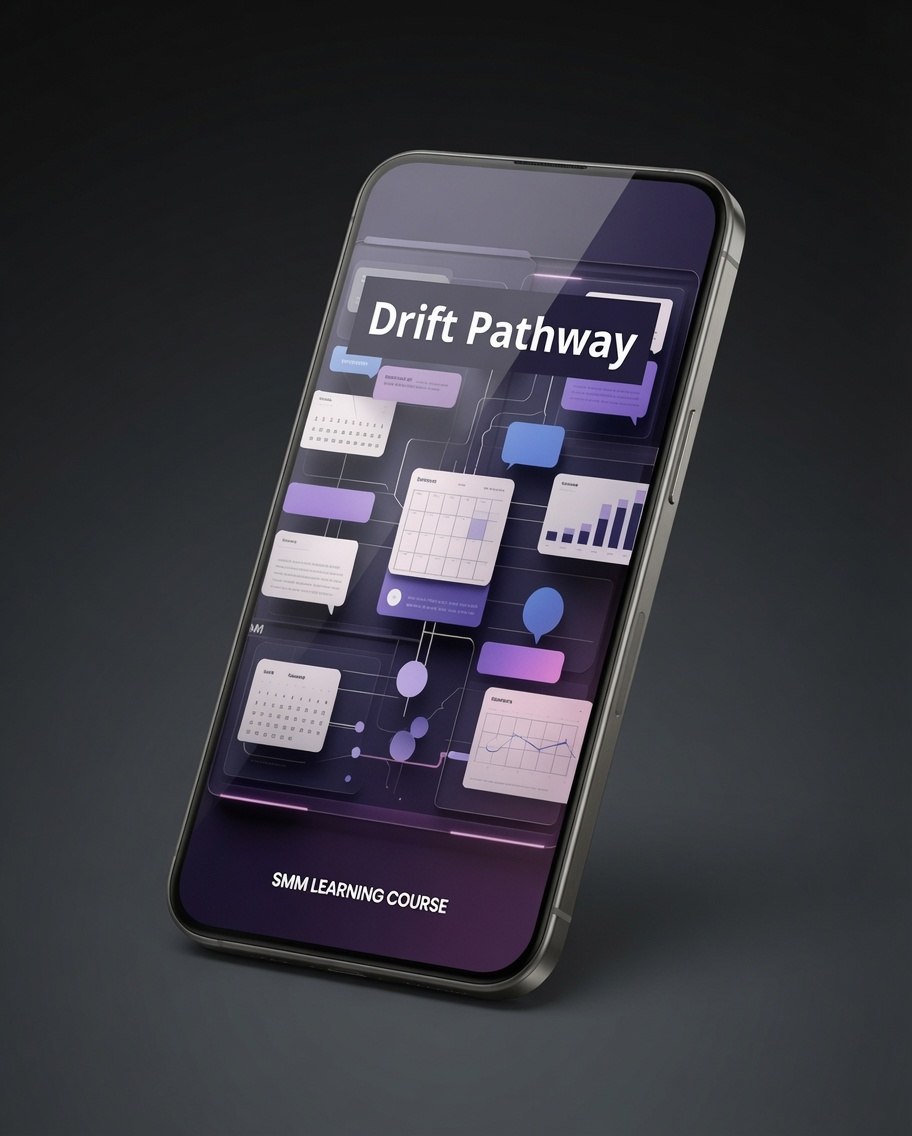A smartphone shown at an angle on a dark studio background, displaying a course interface titled "Drift Pathway" with purple and blue dashboard graphics and the text "SMM LEARNING COURSE" near the bottom.