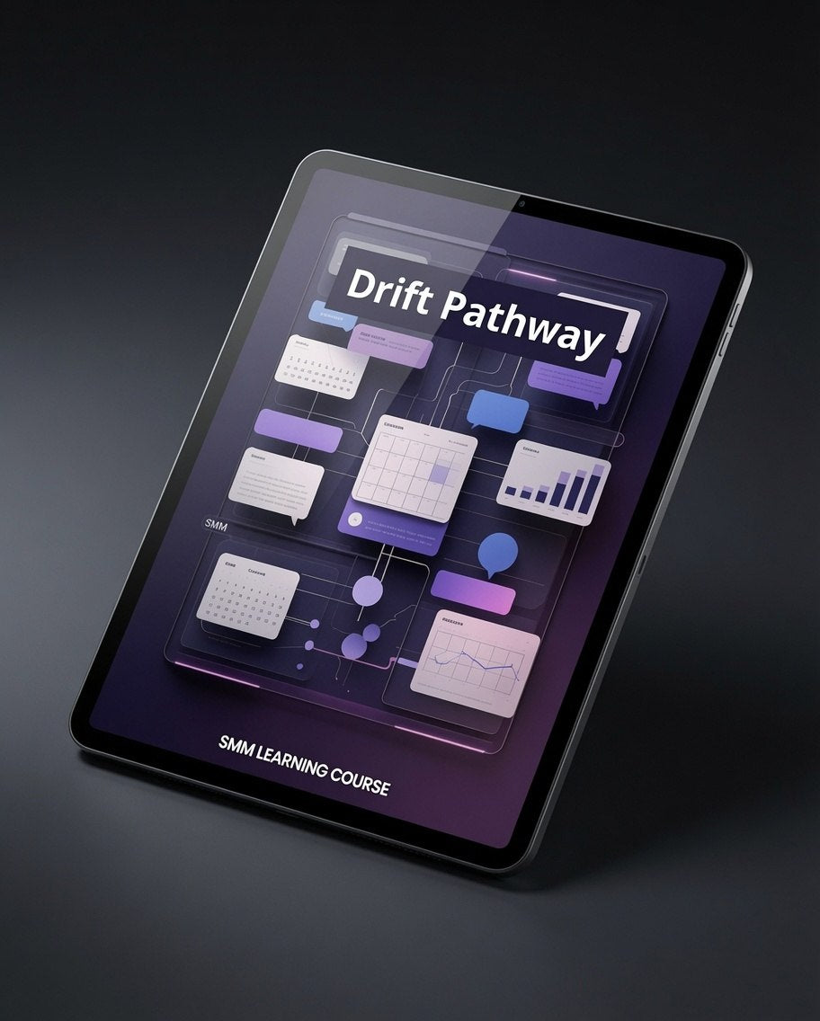 A tablet device angled on a dark studio background, displaying a course cover titled "Drift Pathway" with purple and blue infographic-style graphics and the text "SMBL LEARNING COURSE" near the bottom.