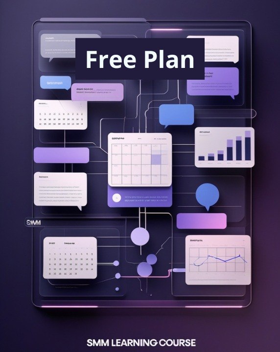Digital promotional graphic for an 'SMM Learning Course' featuring a stylized 3D tablet or glass panel displaying various social media analytics icons, charts, and text bubbles in shades of purple, blue, and white, with the text 'Free Plan' at the top and 'SMM LEARNING COURSE' at the bottom.