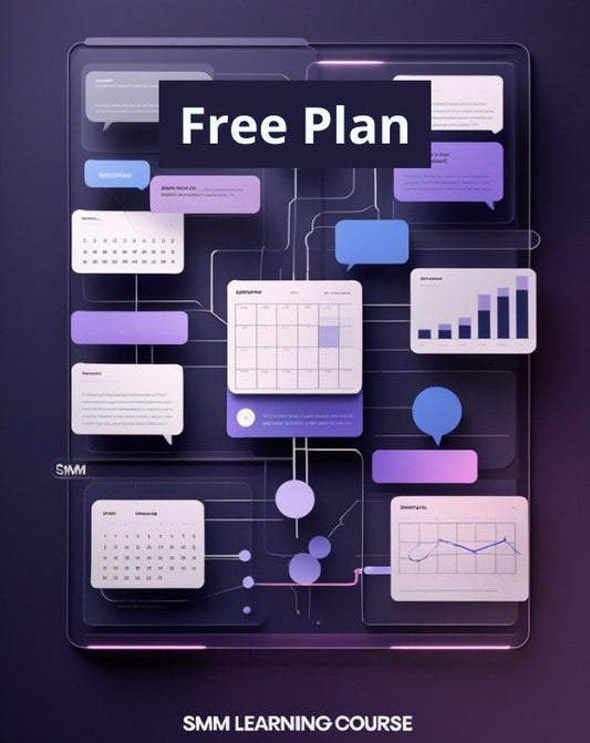 Digital promotional graphic for an 'SMM Learning Course' featuring a stylized 3D tablet or glass panel displaying various social media analytics icons, charts, and text bubbles in shades of purple, blue, and white, with the text 'Free Plan' at the top and 'SMM LEARNING COURSE' at the bottom.