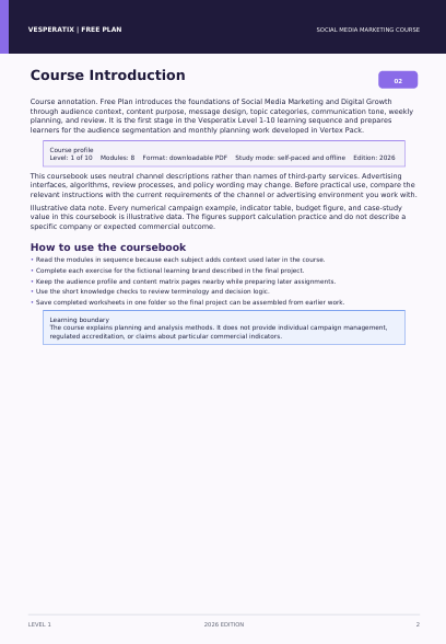 A digital preview page of a free online course titled 'VespaRati / Free Plan Social Media Marketing Course', showing the 'Course Introduction' section with text and a course outline.