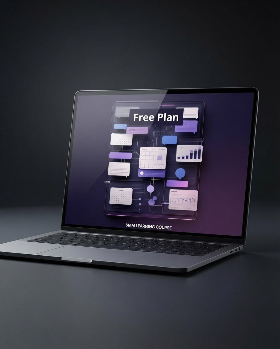 A silver laptop on a dark surface displaying a digital course interface titled 'Free Plan' with purple and white graphic elements. The laptop is shown at an angle against a dark studio background.