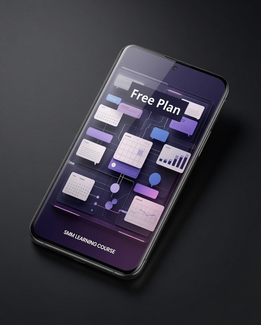 A smartphone angled on a dark surface, displaying a purple and blue digital course interface with the text 'Free Plan' and 'SIML LEARNING COURSE'.