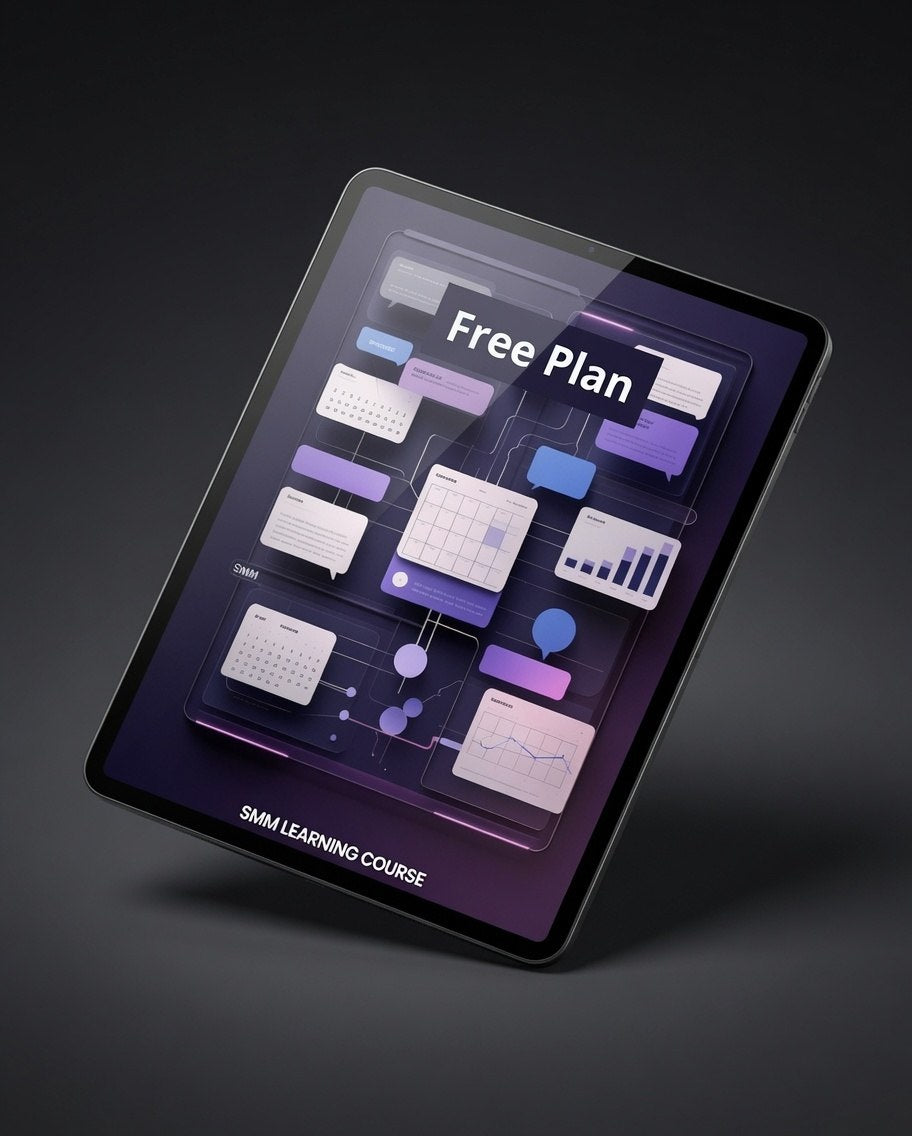 A tablet device shown at an angle on a dark studio background, displaying a course cover titled "Free Plan" with purple and white infographic-style panels. The text "SKAM LEARNING COURSE" is visible at the bottom of the screen.