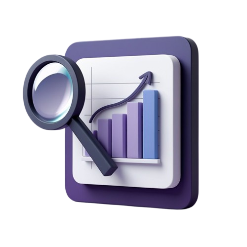 A 3D digital icon depicting a dark purple rounded square with a white panel showing a bar chart and upward-trending arrow, overlaid with a dark gray magnifying glass, on a solid white background.