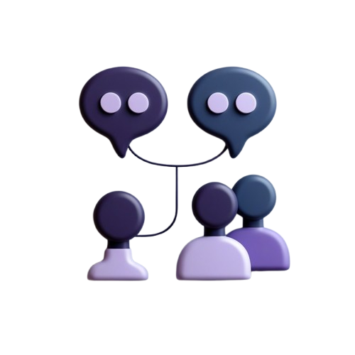 Abstract 3D illustration of two speech bubbles connected by a line above four stylized person silhouettes in shades of purple, blue, and lavender on a white background.