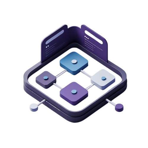 A stylized 3D isometric illustration of a square dashboard or app interface with rounded corners, featuring blue, purple, and white blocks connected by lines on a light gray background.