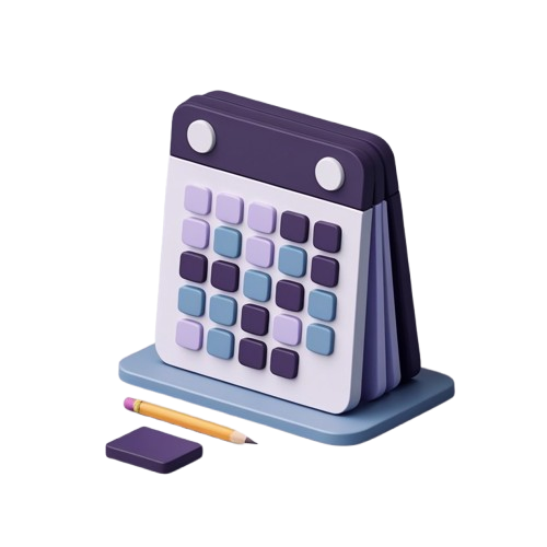 A stylized 3D-rendered desk calendar with a purple top and base, white front panel, and pastel purple, blue, and lavender square buttons. A small pencil and eraser sit in front on a light gray background.