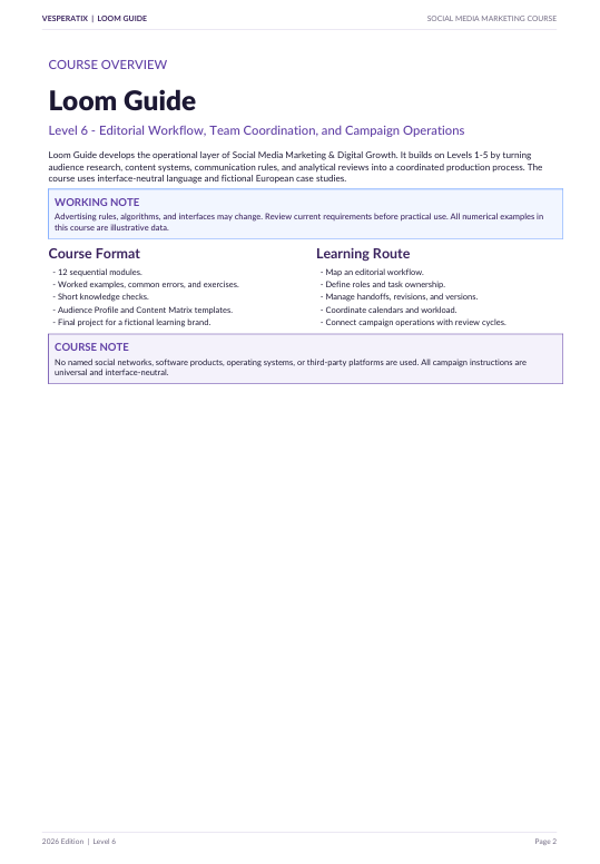 A digital document page titled 'Course Overview Loom Guide' with text and two highlighted boxes outlining course format, learning route, and course note for a social media marketing course.