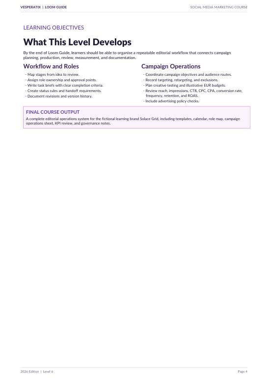 A page from a book or course guide titled 'What Level Develops' with sections on learning objectives, workflow and roles, campaign operations, and final course output. The page is mostly white with black text and a light purple highlighted box near the bottom.