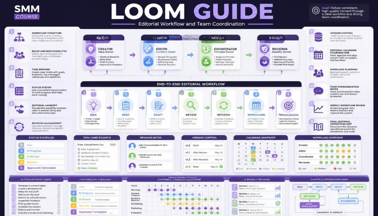 A digital infographic titled 'LOOM GUIDE' with the subtitle 'External Workflow and Team Coordination,' featuring multiple panels, icons, and text blocks in a purple, white, and blue layout. The SMM Course branding appears in the top left.