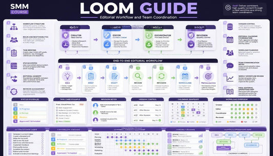 A digital infographic titled 'LOOM GUIDE' with the subtitle 'External Workflow and Team Coordination,' featuring multiple panels, icons, and text blocks in a purple, white, and blue layout. The SMM Course branding appears in the top left.