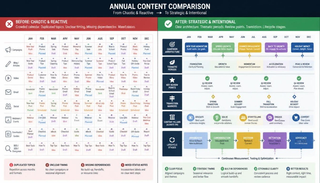 A side-by-side annual content comparison infographic, titled 'ANNUAL CONTENT COMPARISON'. The left panel, labeled 'BEFORE: CHAOTIC & REACTIVE', shows a monthly calendar grid with various content topics listed under each month.