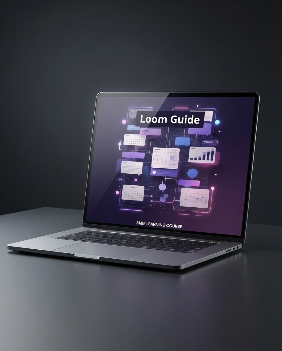A silver laptop on a dark gray surface, displaying a digital course interface titled 'Loom Guide' on its screen.