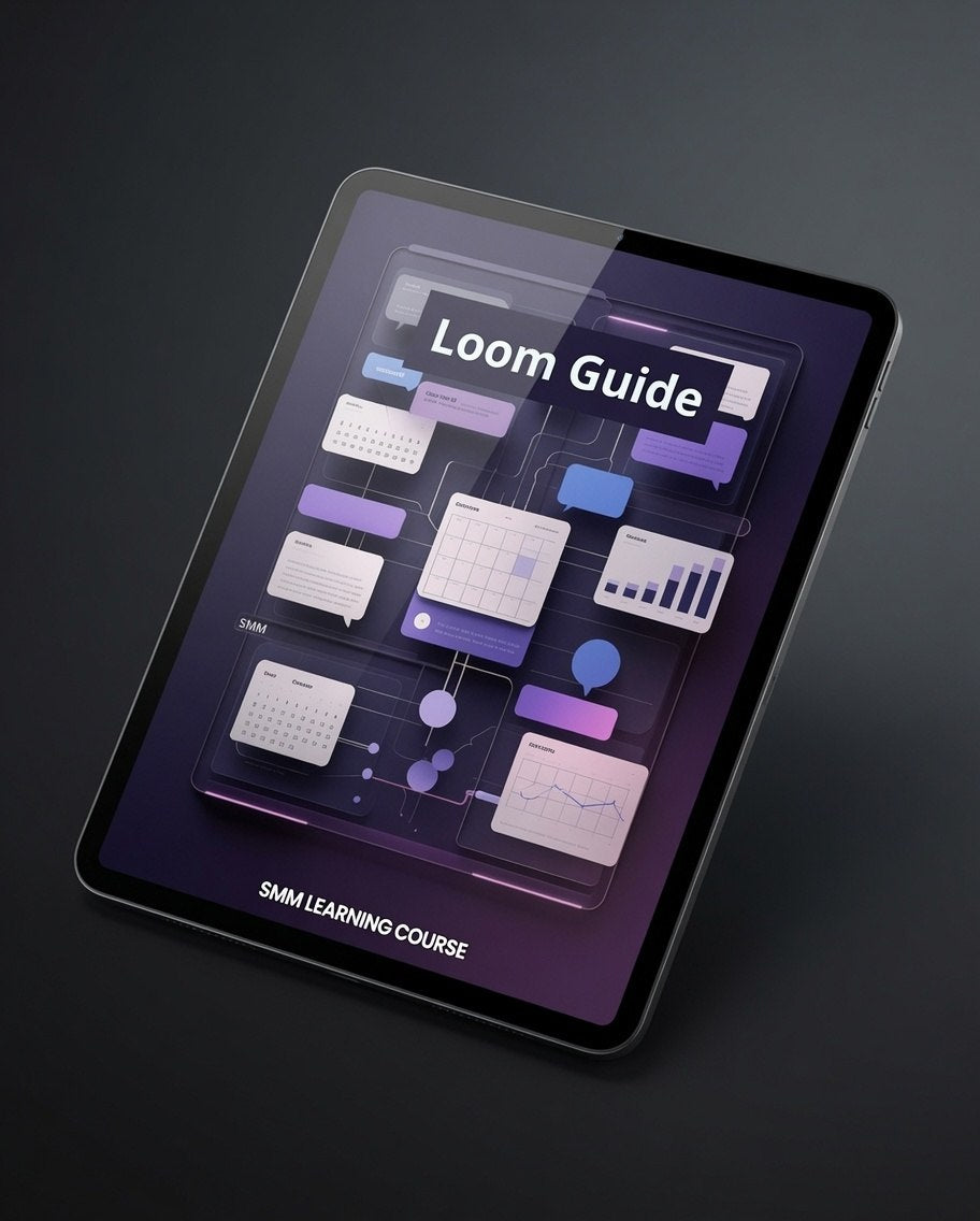 A tablet device angled on a dark surface, displaying a course cover titled "Loom Guide" with purple and blue infographic-style graphics and the text "SMM LEARNING COURSE" near the bottom.