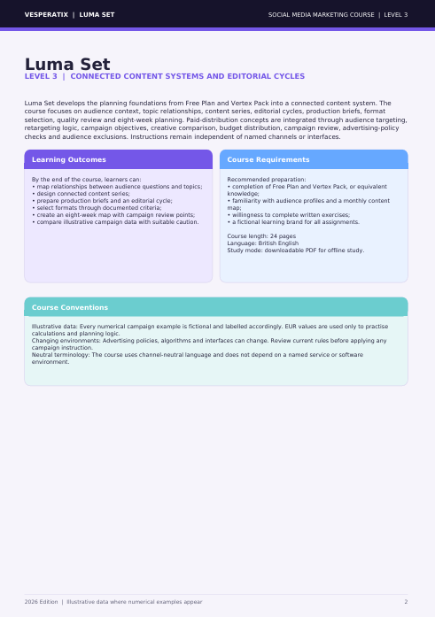 A digital preview of a Luma Set educational course document, showing a structured outline with sections on content systems and editorial cycles, colored in purple, blue, and teal on a white page.